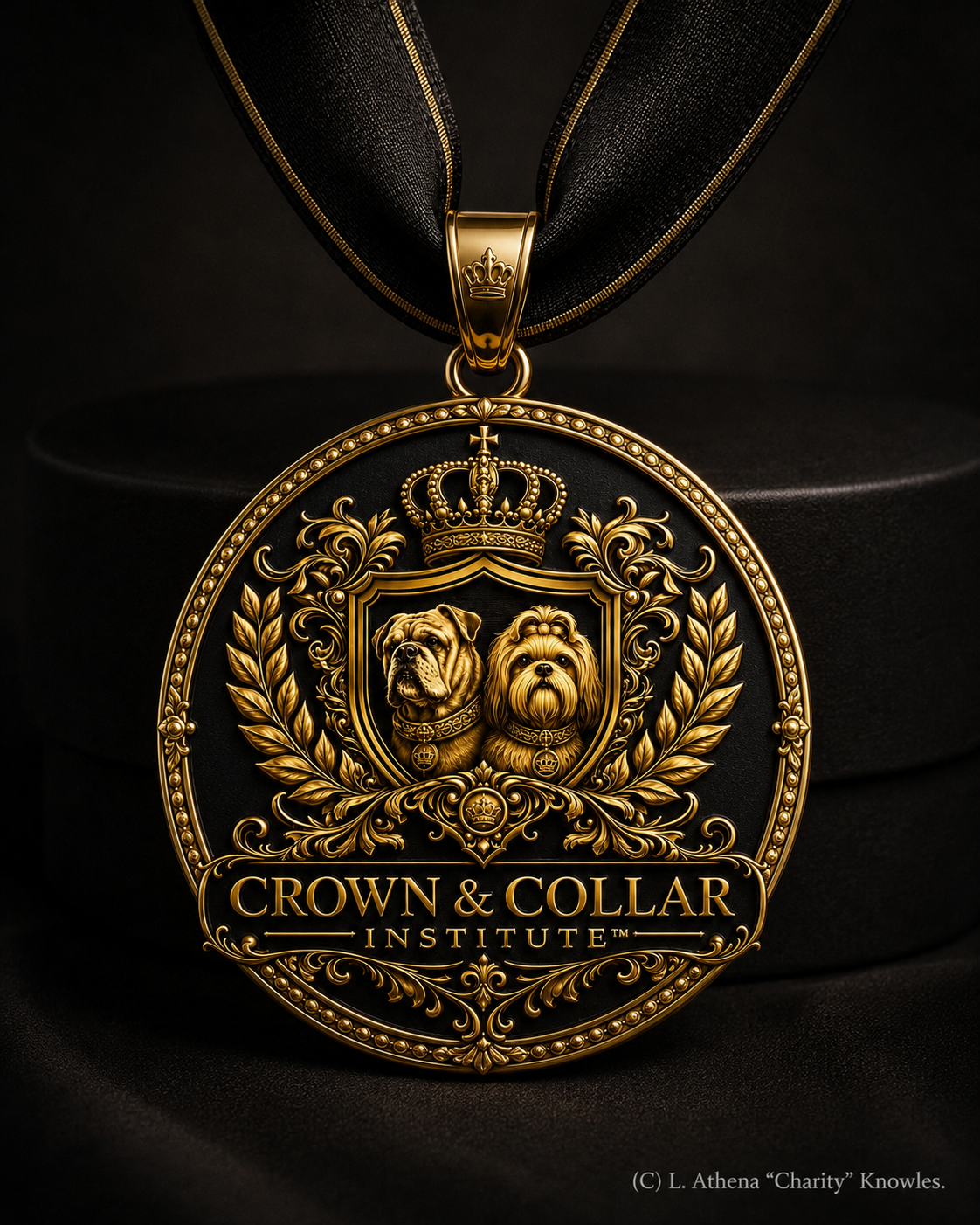 Crown & Collar Institute official award medallion — ornate gold medallion with crown, shield featuring two dogs, laurels, and Crown & Collar Institute wordmark on black ribbon