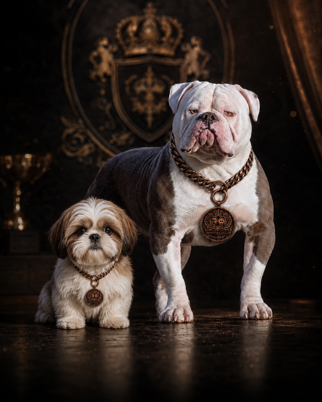 Two dogs — an Olde English Bulldogge and a Shih Tzu — wearing Crown & Collar Institute bronze award medallions on chain collars, posed in front of a regal crown crest backdrop