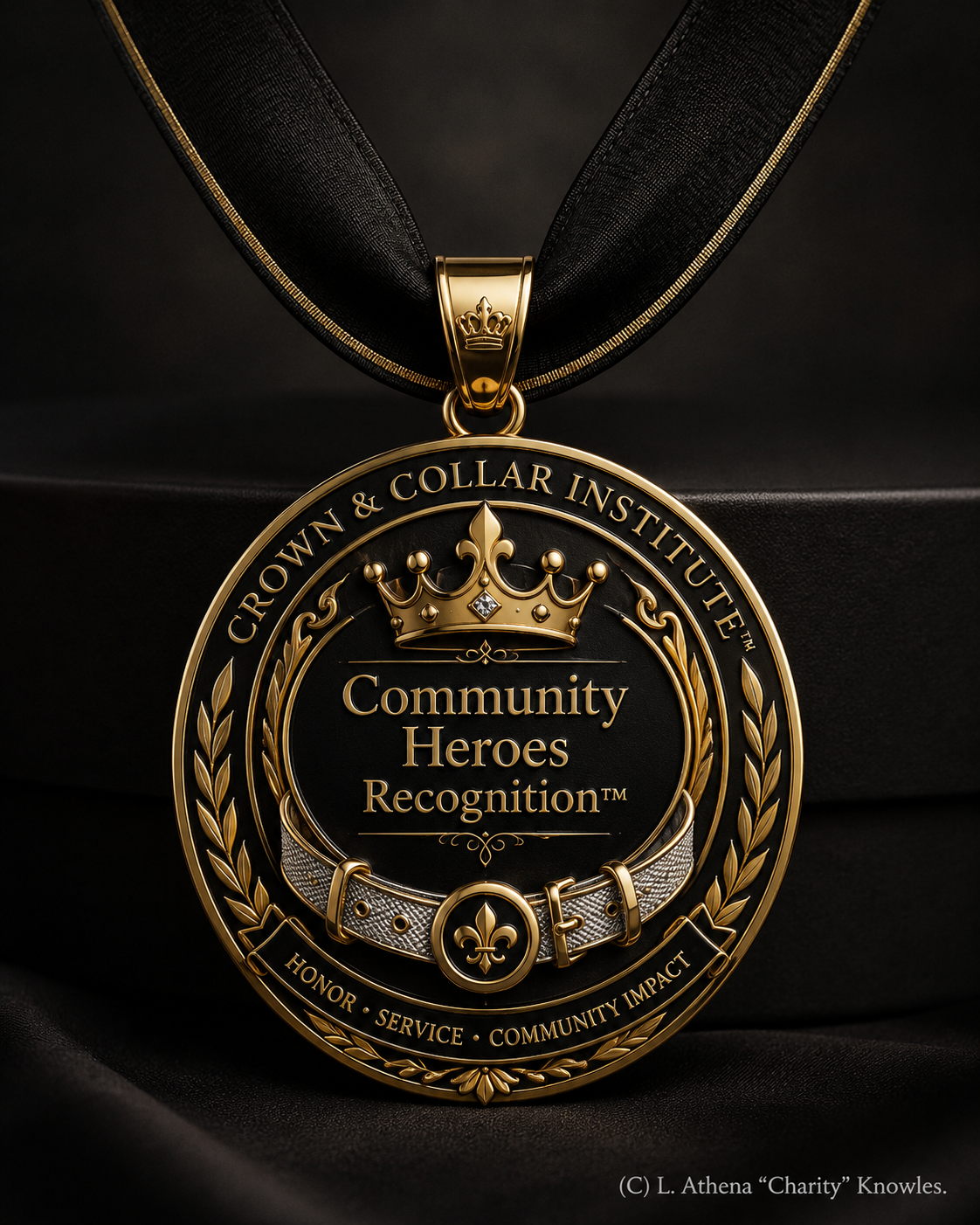 Crown & Collar Institute Community Heroes Recognition medallion award concept — black and gold medallion with crown, laurels, and fleur-de-lis